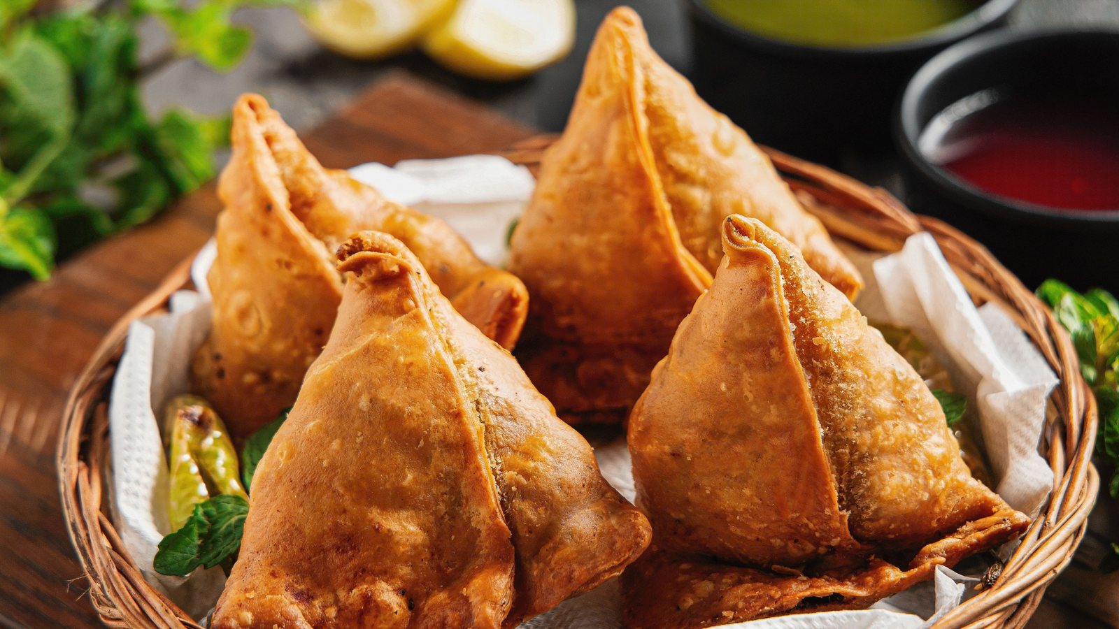 Basket of fresh samosas